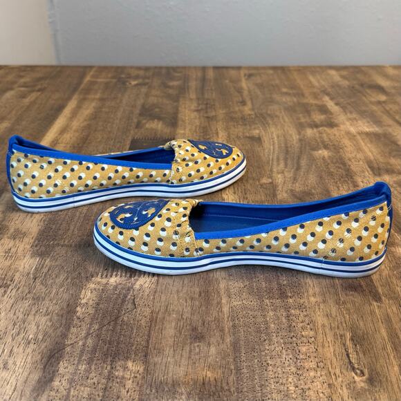 Tory Burch Ballet Flat Signature Logo Canvas Polka Dot Shoe Yellow Blue Size 8 - Picture 6 of 10